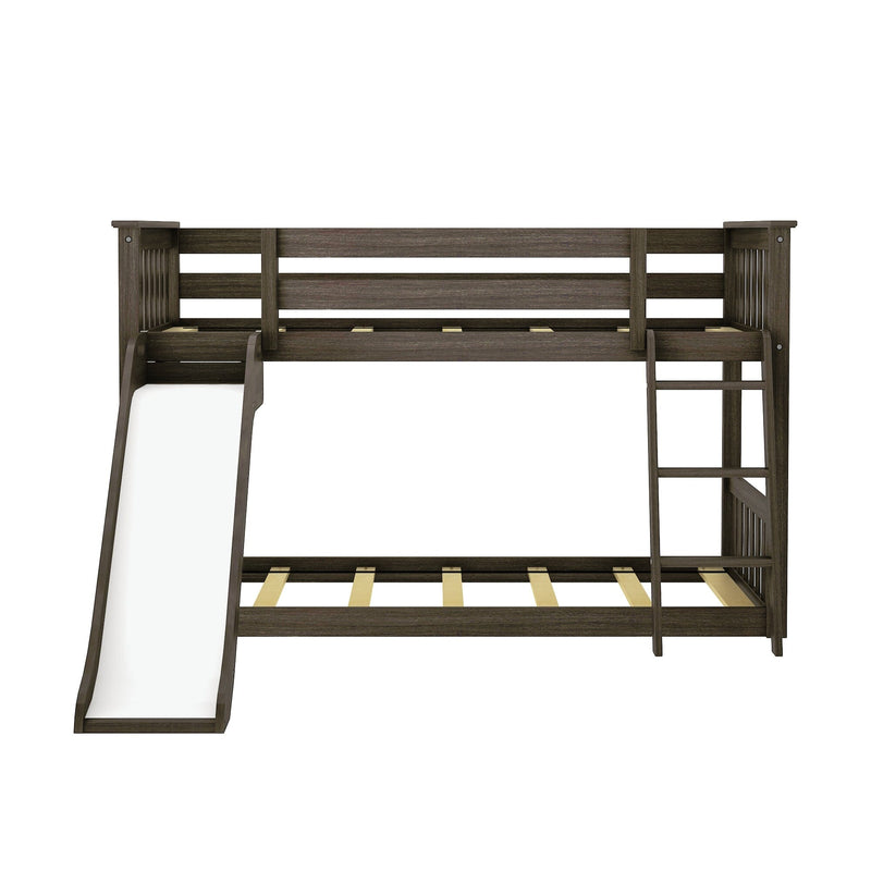 Dark brown wooden twin-over-twin bunk bed with built-in slide and ladder, children's loft bed frame with slatted guardrails