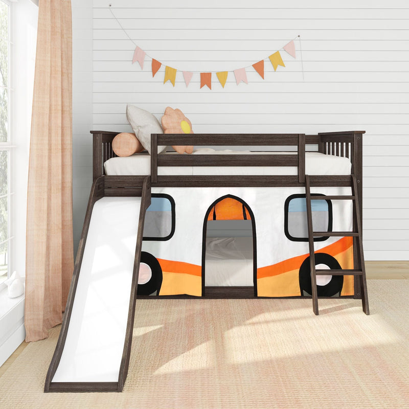 Dark wood kids loft bed with slide and ladder featuring orange camper-van play tent panel in bright modern children's bedroom