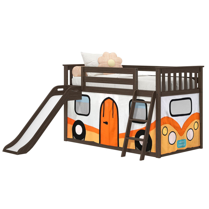 Kids loft bed with slide and ladder, twin wooden frame in dark espresso with orange camper playhouse curtains and pillows