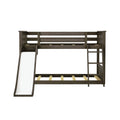 Dark wood twin-over-twin bunk bed with slide and ladder, slatted frames and safety rails, space-saving kids loft bed for bedrooms