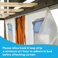 Close-up of loft bed privacy curtain with hook-and-loop (Velcro) strip attached to wooden bed frame and hanging pockets, installation instruction: allow 1 hour for adhesive to set