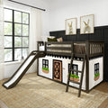 Kids loft bed with wooden slide and playhouse curtains in neutral farmhouse nursery decor with rabbit wall art and large black-framed window