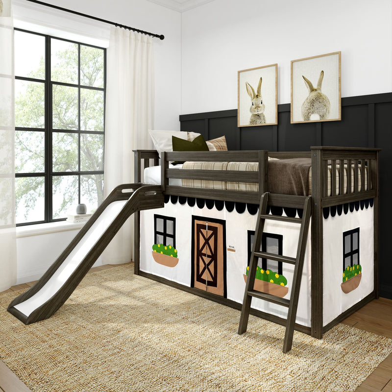Kids loft bed with wooden slide and playhouse curtains in neutral farmhouse nursery decor with rabbit wall art and large black-framed window