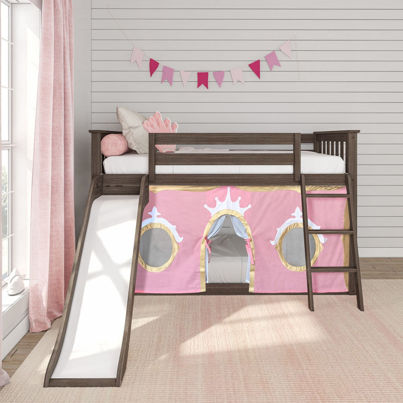 Kids wooden loft bed with slide and ladder and pink princess play tent underneath featuring crown windows, pink bunting and curtains in modern girls' bedroom decor