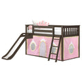 Dark wood children's loft bed with slide and ladder, pink princess play-tent panels and crown pillow on white mattress — girls' wooden loft bed with slide