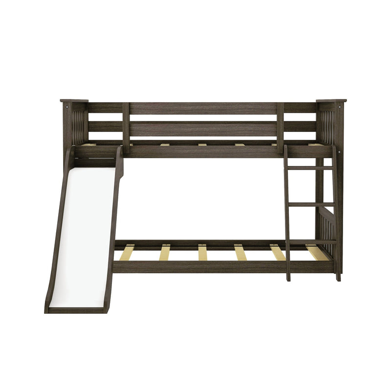 Dark espresso twin-over-twin wooden bunk bed with slide and ladder, space-saving loft design for kids' bedroom