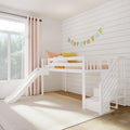Kids loft bed with slide in sunlit nursery – white bunk bed, shiplap accent wall, pastel bunting, pink curtains and cozy pillows