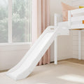 White wooden loft bed with slide, blush pillows and pink curtains by a sunlit window in a modern children's bedroom