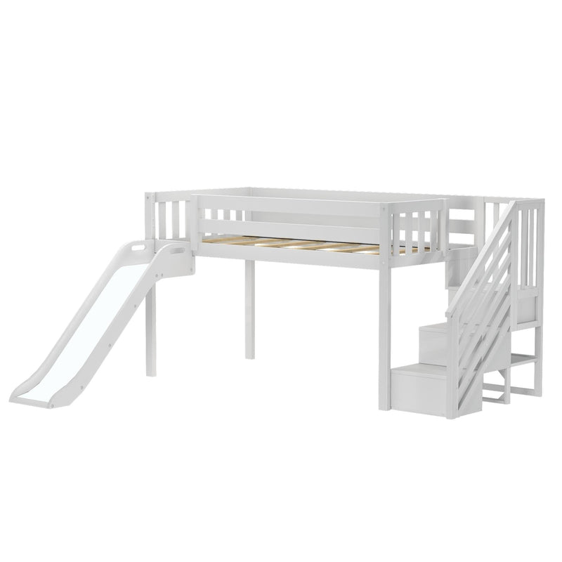 White wooden kids' loft bed with slide and built-in staircase, raised platform with safety rails and under-bed storage/play area