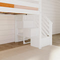 White wooden loft bed with built-in storage staircase and shiplap wall, space-saving kids bunk bed on hardwood floor