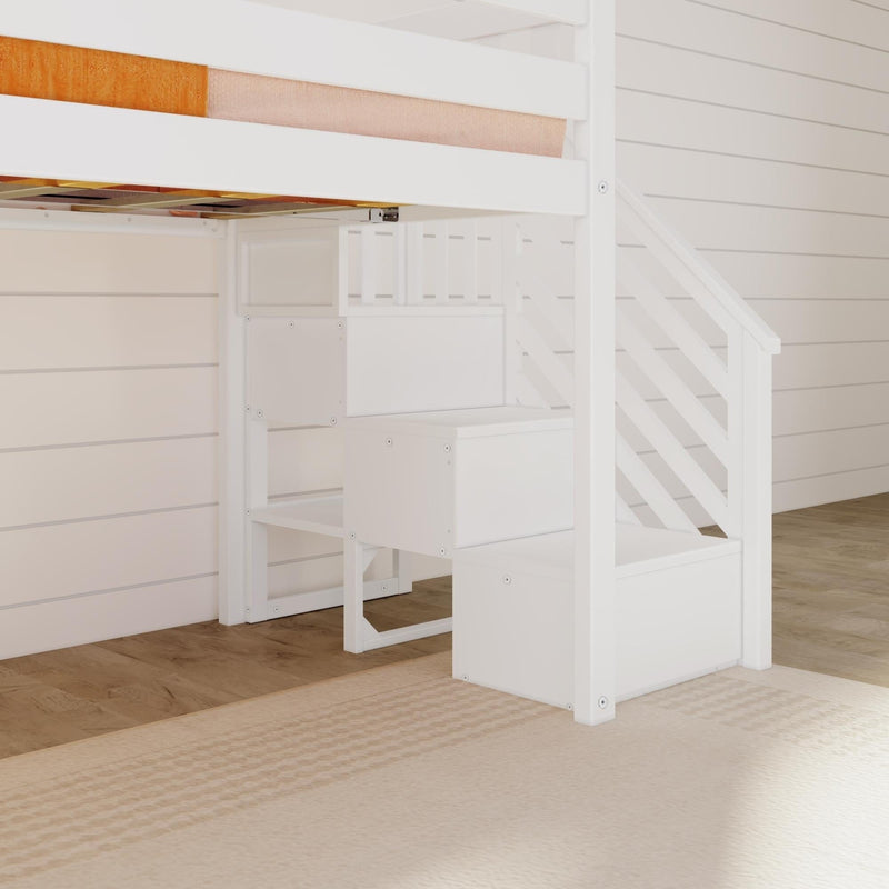 White wooden loft bed with built-in storage staircase and shiplap wall, space-saving kids bunk bed on hardwood floor