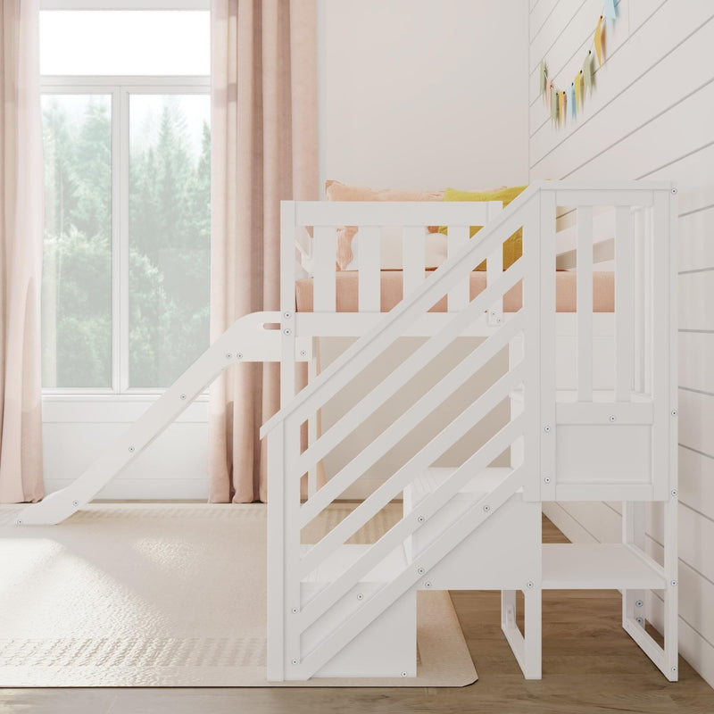 White wooden children's loft bed in pastel nursery with pink curtains, large window, shiplap wall and decorative garland
