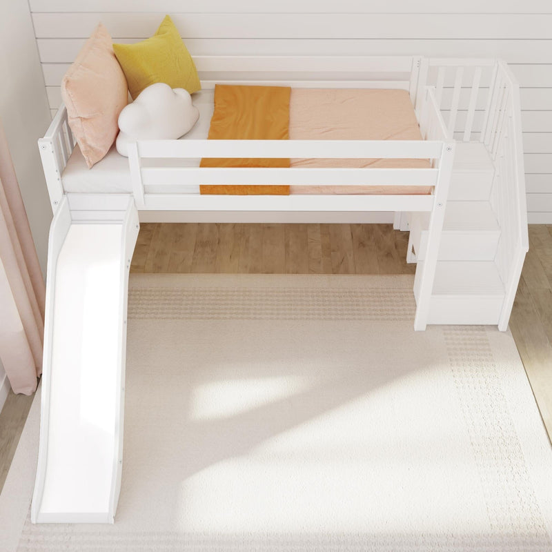 White wooden children's loft bed with slide and storage stairs, peach and mustard bedding and cloud pillow in a modern Scandinavian nursery with shiplap wall