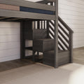 Gray wooden loft bed with built-in storage stairs against white shiplap wall — space-saving modern farmhouse bunk bed for kids' bedroom