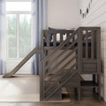 Modern gray wooden bunk bed with slide in bright kids' bedroom, blue curtains, shiplap wall and pennant garland