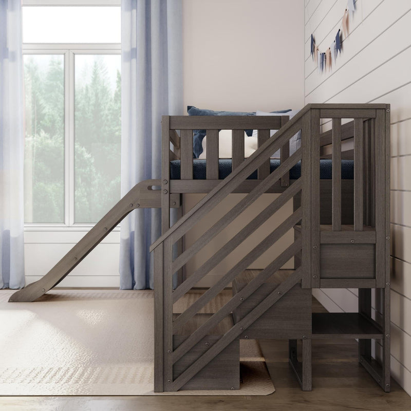 Modern gray wooden bunk bed with slide in bright kids' bedroom, blue curtains, shiplap wall and pennant garland