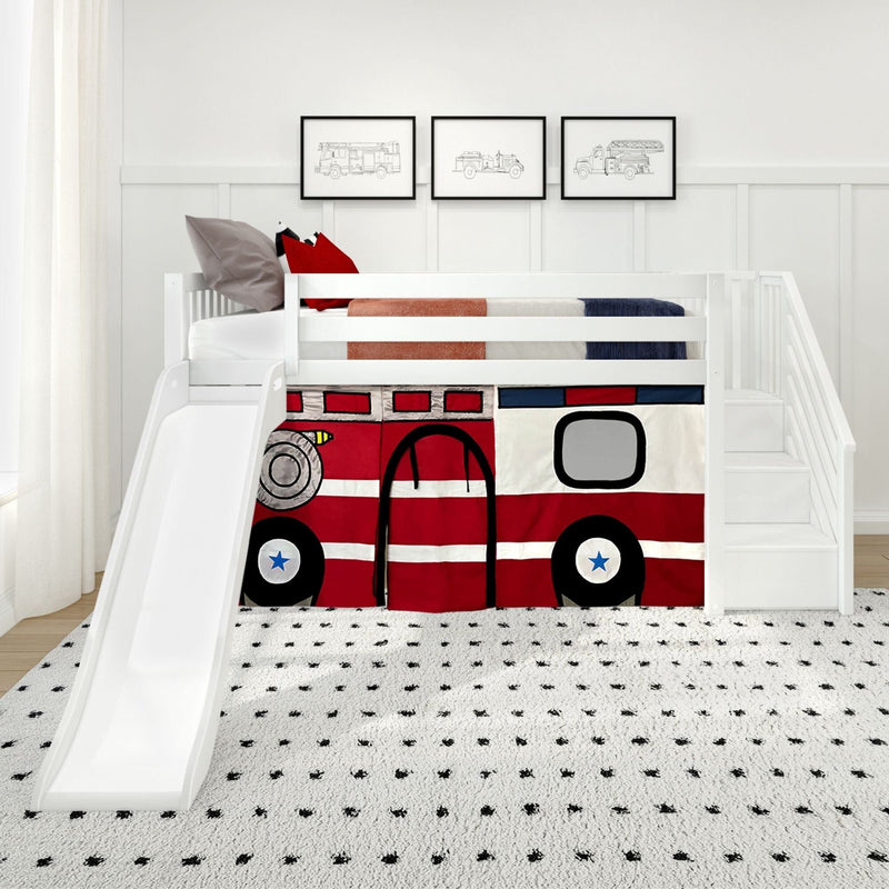 Kids loft bed with slide, white wooden children's loft bed with stairs and red firetruck play tent panel, polka-dot rug and framed fire engine prints