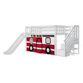 White wooden kids' loft bed with slide and stairs featuring a red fire truck play curtain underneath