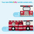 Max & Lily red fire truck curtain panels for kids — front and side panels with wheel, hose and window details for playroom bed tent