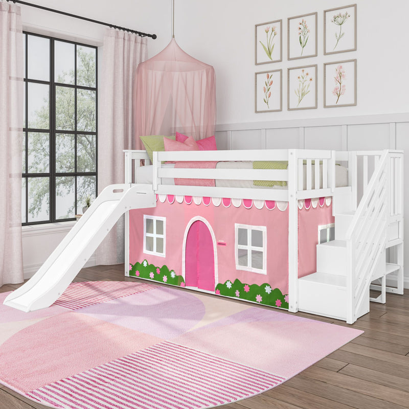 Twin Low Loft Bed with Stairs, Slide, and Pink & White Farmhouse Curtain