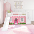 Twin Low Loft Bed with Stairs, Slide, and Pink & White Farmhouse Curtain