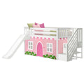 Twin Low Loft Bed with Stairs, Slide, and Pink & White Farmhouse Curtain
