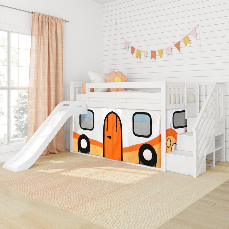 Twin Low Loft Bed with Stairs, Slide, and Camper Van Curtain