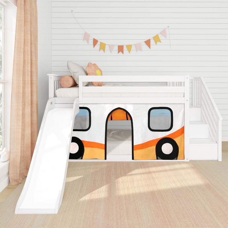 Twin Low Loft Bed with Stairs, Slide, and Camper Van Curtain