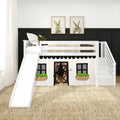 Twin Low Loft Bed with Stairs, Slide, and Black & White Farmhouse Curtain