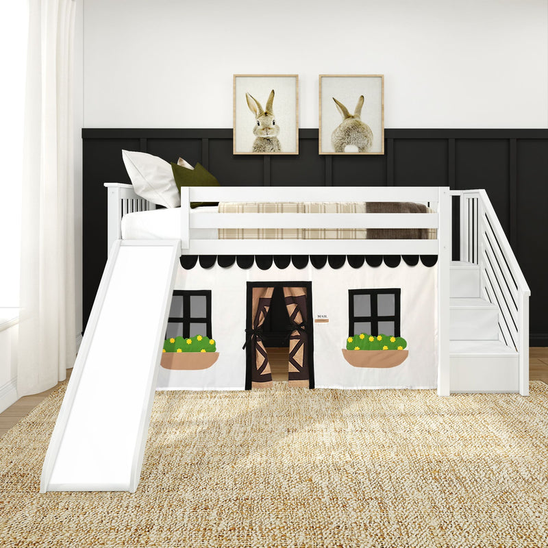 Twin Low Loft Bed with Stairs, Slide, and Black & White Farmhouse Curtain