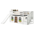White wooden twin loft bed with slide and staircase storage, under-bed playhouse curtain with windows and flower boxes, kids bedroom furniture