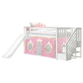 White wooden loft bed with slide and stairs, pink princess play tent curtain and crown pillow under-bed play area — kids' bedroom furniture