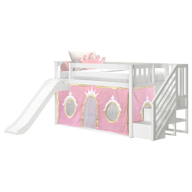 White wooden loft bed with slide and stairs, pink princess play tent curtain and crown pillow under-bed play area — kids' bedroom furniture