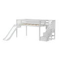 White wooden loft bed with slide and built-in staircase storage, kids' elevated bed for children's bedroom, modern space-saving design