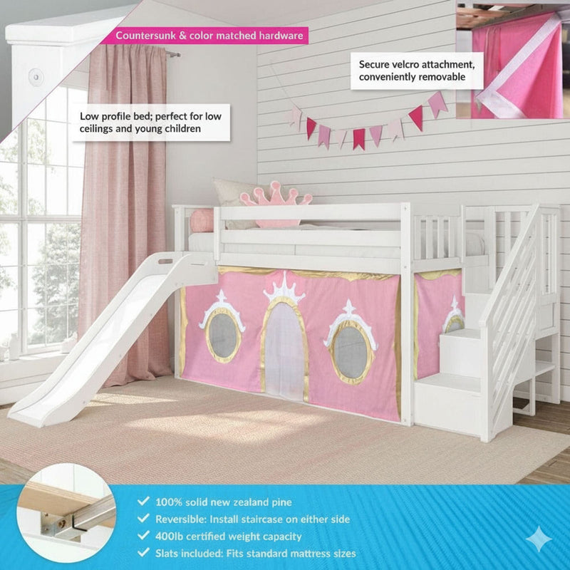White 100% solid New Zealand pine kids loft bed with slide and staircase, pink princess underbed play tent, reversible staircase, low-profile design and 400 lb weight capacity