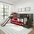 Dark gray kids loft bed with slide and staircase, red fire truck playhouse curtain underbed, twin mattress with pillows, white patterned rug and framed truck illustrations