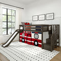Modern gray wooden loft bunk bed with slide and red fire-truck play curtain in bright kids' bedroom with large grid window, white walls, and framed firetruck prints