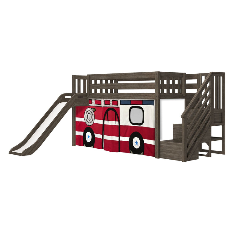 Kids loft bed with slide and stairs — twin wooden playhouse loft bed with fire truck-themed curtain, under-bed play area and storage