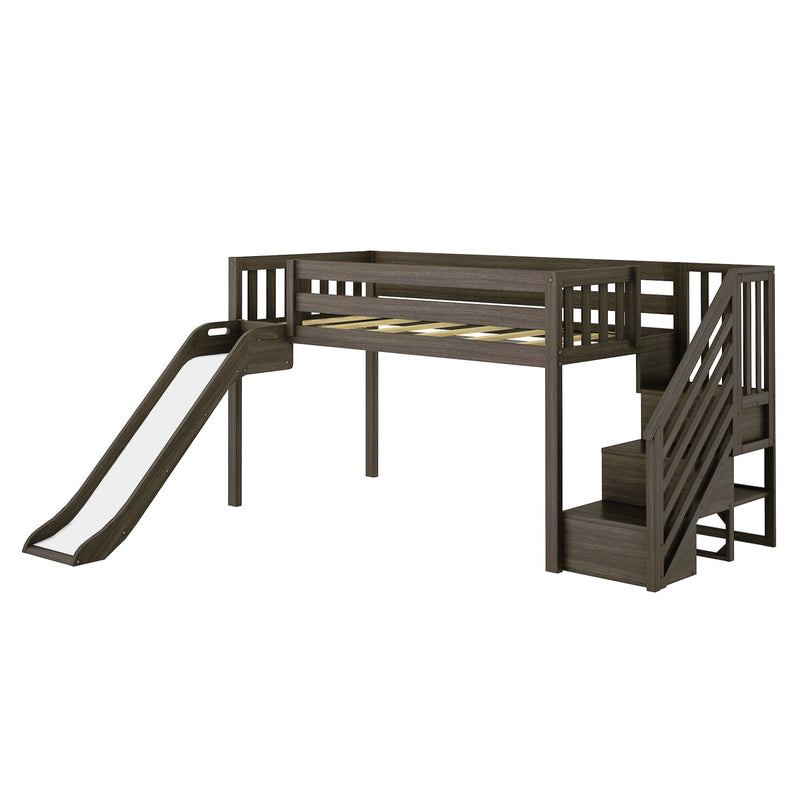 Dark gray wooden twin loft bed with slide and storage stairs, elevated kids bed with safety rails and space-saving design