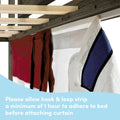 Close-up of bed canopy curtain installation showing hook-and-loop strip on bed frame with instruction to allow at least 1 hour for the strip to adhere before attaching the curtain