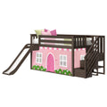 Dark wood kids loft bed with slide and staircase storage, twin mattress, pink playhouse curtain and green and pink pillows