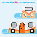 Max & Lily kids playhouse curtain set – orange camper RV design, includes front panel with door and wheels and side panel with windows and "Happy Camper" badge