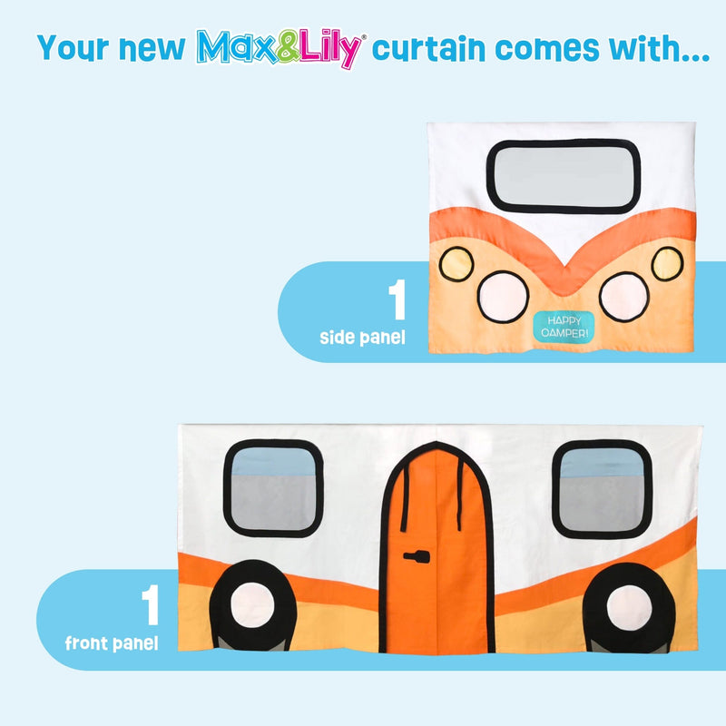 Max & Lily kids playhouse curtain set – orange camper RV design, includes front panel with door and wheels and side panel with windows and "Happy Camper" badge