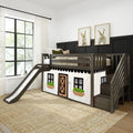 Modern neutral kids loft bed with slide, dark wood farmhouse playhouse curtain, plaid bedding and bunny wall art