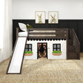 Dark walnut kids loft bed with slide and staircase, twin playhouse curtain with windows and flower boxes, neutral nursery decor with bunny wall art and woven jute rug