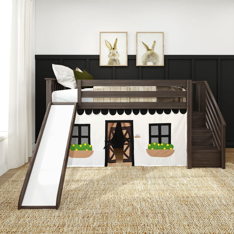Dark walnut kids loft bed with slide and staircase, twin playhouse curtain with windows and flower boxes, neutral nursery decor with bunny wall art and woven jute rug