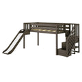 Dark gray wooden kids loft bed with slide and built-in storage stairs — space-saving elevated twin playroom bed
