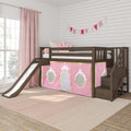 Pink girls bunk bed with slide and princess play tent, wooden staircase, crown pillow, pink curtains and pennant bunting on white shiplap wall, styled children's bedroom decor