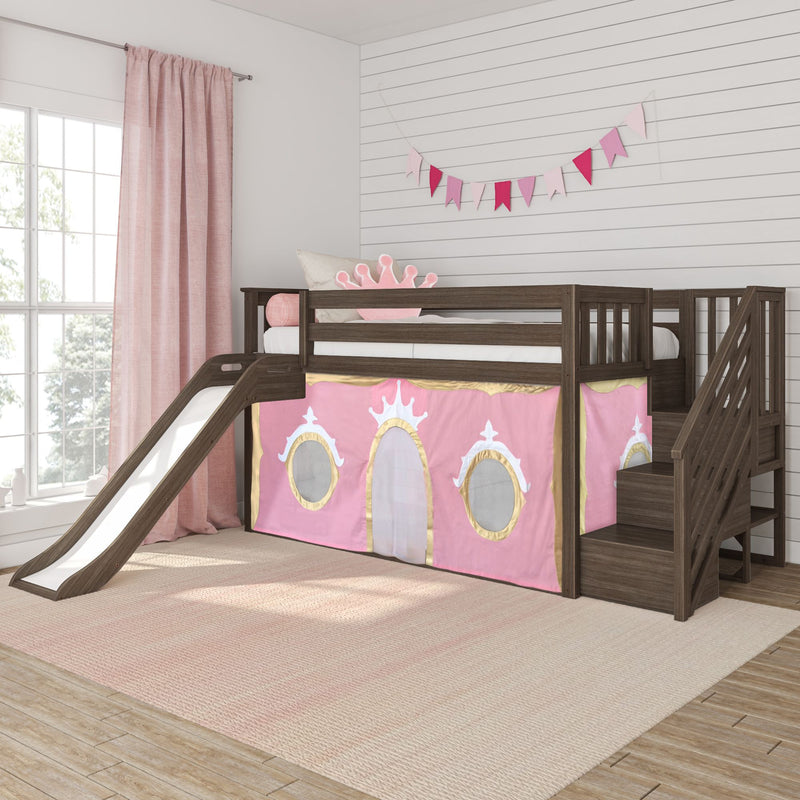 Pink girls bunk bed with slide and princess play tent, wooden staircase, crown pillow, pink curtains and pennant bunting on white shiplap wall, styled children's bedroom decor