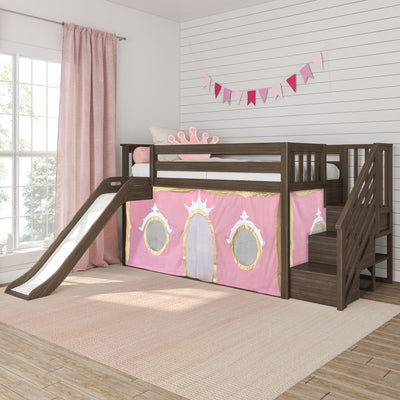Children's pink princess bedroom with dark wooden loft bed and slide, princess play tent under-bed, pink curtains, pennant bunting and crown pillow